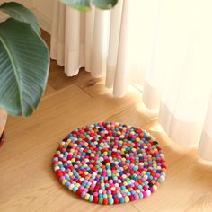 a colorful round rug on the floor next to a potted plant