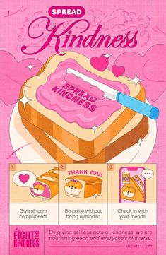 an advertisement for bread with pink frosting and hearts on the top, says spread kindness