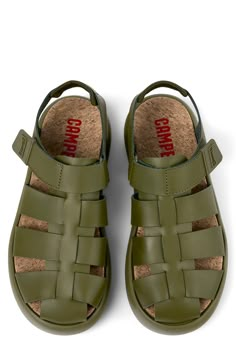 The classic fisherman sandal is reimagined in this contemporary version set on a cushioned XL EXTRALIGHT® sole for flexible, shock-absorbing comfort. Adjustable hook-and-loop straps Leather and recycled-polyester upper/leather, cork and recycled-polyester lining/synthetic sole Imported Camper Sandals, Camper Shoes, Green Sandals, Shoes Heels Wedges, Barefoot Shoes, Pretty Shoes, Skorts, Ankle Straps, Mens Sandals