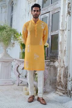 Yellow full sleeves kurta with royal peacock beaded embroidery. Paired with an ivory trouser. - Aza Fashions Muslin Embroidery, Royal Peacock, Trouser For Men, Trouser Pattern, Band Collar, Full Sleeves, Cotton Silk, Aza Fashion, Beaded Embroidery