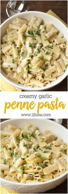 creamy garlic penne pasta in a white bowl with parsley on top and the words creamy garlic penne pasta above it