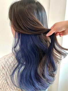 brown waves with blue underneath Half Colored Hair, Long Hair Highlights, Two Toned Hair, Two Tone Hair