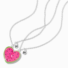 Claire's Best Friends Watermelon Split Heart Pendant Necklaces - 2 Pack Valentine's Day Necklace With Heart Charm For Friendship, Trendy Pink Charm Necklace For Friendship, Trendy Heart-shaped Necklace For Friendship, Cute Nickel-free Charm Necklace For Friendship, Playful Silver Jewelry For Friendship, Heart Pendant Charm Necklaces For Valentine's Day, Heart Pendant Charm Necklaces For Friendship And Valentine's Day, Nickel-free Heart Pendant Necklace For Friendship, Cute Heart Pendant Charm Necklace For Best Friend