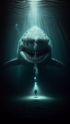 a man standing in front of a giant shark under water with light coming from it's mouth