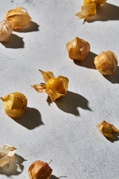 some yellow flowers on a white surface and one flower has fallen to the ground with it's petals still attached