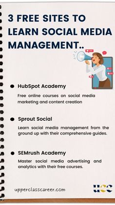 a spiral notebook with the text 3 free sites to learn social media management