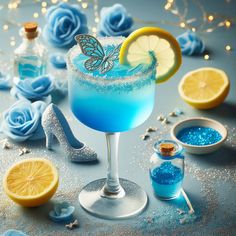 a blue cocktail garnished with lemon slices and a butterfly