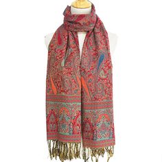 Red and Blue Paisley Pashmina Scarves for Women It’s a double layered scarf in rich red and beige colors, with traditional paisley design all over and gorgeous wide ornate borders on the edges. Each scarf has three inches twisted tassels on both ends. Product details: Material: 55% Acrylic, 45% Viscose Length: approx. 73.5 inches Width: approx. 27.25 inches Fringes: 3" on both ends Women Head Wraps, Blue Red Wedding, Navy And Copper, Festival Scarves, Scarf Women Winter, Winter Wrap, Red And Beige, Scarf Material, Arab Women