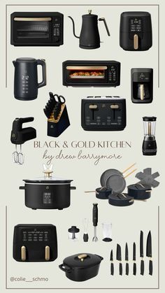 black and gold kitchen appliances are shown in this graphic art workflowe, with the words'black & gold kitchen equipment'above them