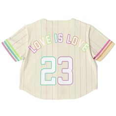 Pride Cropped Jersey | Love is Love Cropped Jersey Show up in style with this cropped baseball jersey. This top is a must-have for any modern fashionista. The chic design is casual yet trendy, making it a perfect addition to your wardrobe essentials. Designed with versatility in mind, the jersey’s lightweight moisture-wicking fabric will keep you cool during game days and hot summer nights out with friends. Plus, it has a button front closure that makes it very easy to wear. • 100% polyester • S Varsity Tops For Spring Streetwear, White Varsity Top For Spring, Casual Summer Tops With Baseball Collar, Baseball Collar Tops For Summer Streetwear, Varsity Style Letter Print Tops For Spring, Summer Streetwear Tops With Baseball Collar, White Baseball Collar Top For Summer, White Summer Top With Baseball Collar, Trendy Graphic Print Tops For Baseball Season