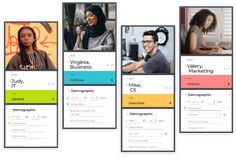 four mobile screens showing different people on the same page, and one with an image of them