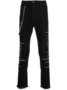 black/white stretch-cotton embroidered design chain-link detailing belt loops front button and zip fastening classic five pockets frayed hem Side Chain Jeans, Chain Jeans, Jeans Men, Jeans Mens, Jeans Black, Embroidered Design, Slim Fit Jeans, Fit Jeans, Stretch Cotton