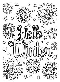 the word hello winter surrounded by snowflakes in black and white, on a white background