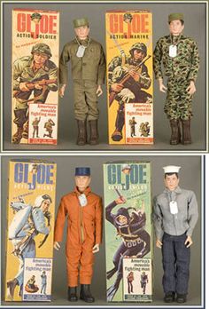 three different action figures are shown in this photo, one is wearing an army uniform and the other has a soldier's outfit