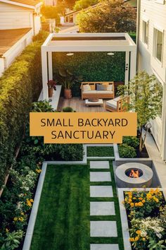 small backyard sanctuary with fire pit and seating area