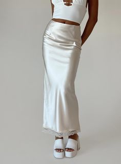 Midi skirt  Main: 96% polyester 4% elastane  Lining: 100% polyester  Length of size US 4 / AU 8 waist to hem: 99cm / 38.9in   Alexis is wearing a size US 2 / AU 6    Silky material  Invisible zip fastening at side  Lace detailing at hem  Non stretch  Fully lined Midi Skirt White, Design Moodboard, Pink Formal Dresses, Corsets And Bustiers, Strapless Tops, Skirt White, Floral Blue Dress, Invisible Zip, Skirts Online