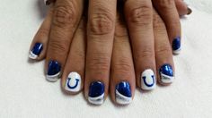 Colts Football themed nail art Colts Nails Designs, Indianapolis Colts Nails, Nails Football, Colts Football, Glitter Manicure, Acrylic Nail Art