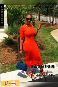 High Stretch Summer Elegant Solid Color Women Sexy O-neck Short Sleeve Skinny Maxi Dress Solid Color Bodycon Midi Dress For Club, Bodycon Solid Color Midi Dress For Club, Casual Bodycon Midi Dress For Club, Casual Orange Bodycon Dress For Date Night, Trendy Orange Bodycon Dress For Night Out, Stretch Orange Midi Dress For Night Out, Fitted Solid Color Midi Dress For Day Out, Trendy Fitted Orange Bodycon Dress, Trendy Solid Color Midi Bodycon Dress