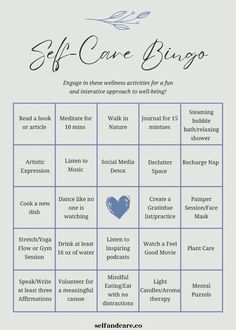 a blue and white poster with the words self care bingo