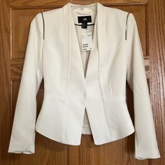 New With Tags! Lined, Fitted Blazer, Front Pleat Detail Cream/Ivory Color With Metal Detail On Shoulders And Sleeves Hidden Snap Closure H&m White Blazer For Work, White H&m Blazer For Work, White Fitted Outerwear By H&m, Light Blazer, Sleeveless Blazer, Black Shawl, Cropped Blazer Jacket, Cream Blazer, Tan Blazer