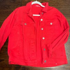 Never Worn, Red Denim Jacket. Such A Cute Piece For Fall And Winter. Pairs Very Well With Some Jeans Or Over A Dress To Make An Outfit More Casual! Trendy Red Collared Outerwear, Casual Red Long Sleeve Denim Jacket, Casual Red Denim Jacket With Pockets, Red Long Sleeve Denim Jacket For Fall, Red Denim Jacket With Pockets For Spring, Red Cotton Button-up Outerwear, Trendy Red Cotton Denim Jacket, Casual Red Denim Jacket For Spring, Red Cotton Outerwear For Spring