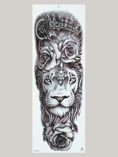 a lion with roses on it's head is shown in black and grey ink