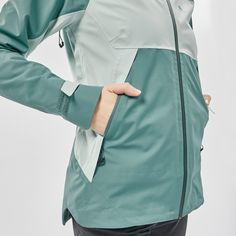 This jacket has a fitted cut. The fabric is 13% elastane and the “raglan” sleeves up to the collar give better stretchability and more freedom of movement during your hikes. A warm layer, such as a fleece or a light padded jacket can be worn underneath. You can choose your usual size, or a size above if you don't want it to be worn fitted. | Quechua Women's Mh500 Waterproof Jacket in Cedar, Size XL Camping Shoes, Fashion Design Template, Short Gloves, Womens Cycling Clothes, Hiking Jacket, Tent Accessories, Outdoor Fashion, Cycling Women, Hiking Women