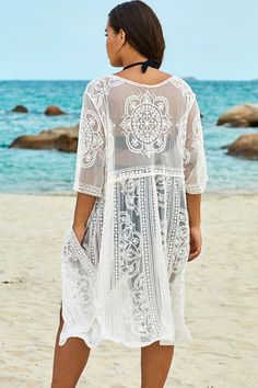 White Sexy Waves Embroidery Cover Up Plus Size Beach Outfits Beachwear, Waves Embroidery, Plus Size Beach Outfits, Navy Blue Fashion, White Cover Up, Big Women Fashion, Swim Meet, White Cover, Plus Size Swimsuits