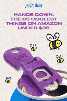 an advertisement for the little baby brand, featuring a purple bottle opener with bees flying around it