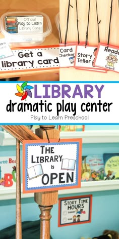 the library sign and display for dramatic play center