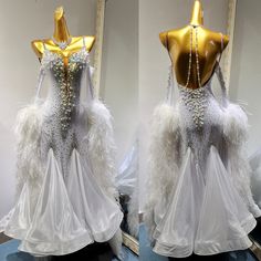 two pictures of a white and gold dress on mannequins in front of a mirror