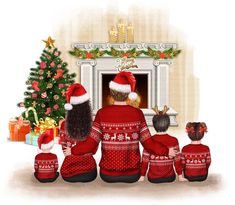 a family sitting in front of a christmas tree wearing matching red sweaters and hats