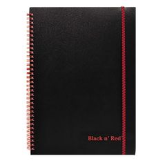 a black and red spiral notebook with the word, black n'red on it