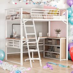 a white loft bed sitting next to a desk and chair in a room filled with balloons