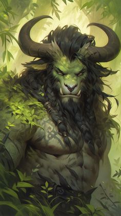 an animal with long hair and horns standing in the woods