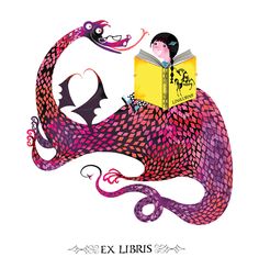 an illustration of a girl reading a book on top of a dragon with a book in her hand