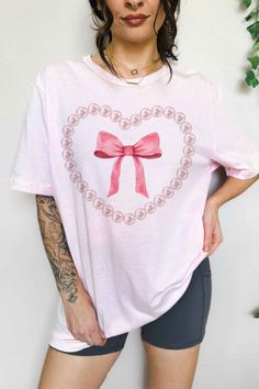 PEARL HEART BOW OVERSIZED GRAPHIC TEEPREMIUM COTTONOVERSIZED FIT Batwing Sleeve Sweater, Fuzzy Coat, Oversized Graphic Tee, Pearl Heart, Pink M, Comfy Cozy, Denim Overalls, Wide Leg Denim, Oversized Tee