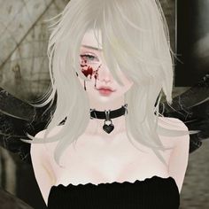 an animated image of a woman with blood on her face and wings around her neck