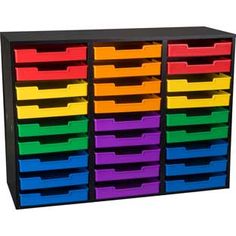 a multicolored plastic storage unit with six bins on the bottom and two sides