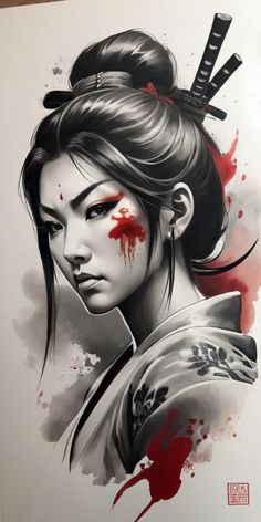 a drawing of a woman with blood on her face and the word geisha written in japanese