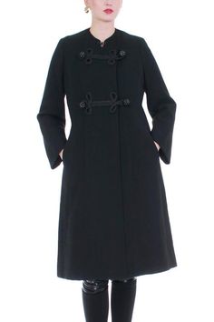 Vintage 50s Heavy Black Wool Frog Toggle Bohemian Gothic Coat Women's – KCO VINTAGE Formal Black Wool Coat, Black Wool Coat With Button Closure For Formal Occasions, Formal Black Wool Coat With Buttons, Elegant Black Single Breasted Pea Coat, Elegant Black Wool Pea Coat, Fitted Black Wool Coat For Formal Wear, Fitted Black Wool Coat For Formal Occasions, Fitted Black Wool Coat For Evening, Formal Black Wool Coat With Button Closure