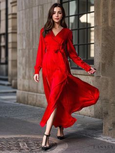 Lasaky - New Deep V-Neck Spliced Slit Maxi Dress in Solid Color - A Fashionable and Elegant Piece Red Dress Christmas Party, Wedding Guest Dresses Long, Womens Prom Dresses, Womens Fall Dress, Eve Dresses, New Years Eve Dresses, Dress Sleeve Styles, Long Sleeve Dresses, Sleeve Dresses