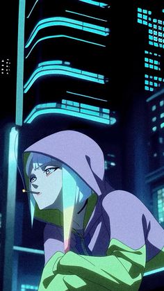 an animated image of a woman in front of a cityscape with skyscrapers