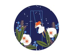 a girl on a swing surrounded by plants and stars