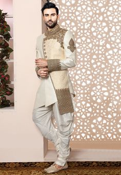 Buy online Hand Embroidered Art Silk Layered Sherwani in Off White now, Item code: MYV108, Color: White, Occasion: Wedding, Fabric: Art Silk, Type: Sherwani, Work: Bead Work, Contemporary, Stone Work, Gender: Men Indo Western Sherwani, Zardosi Work