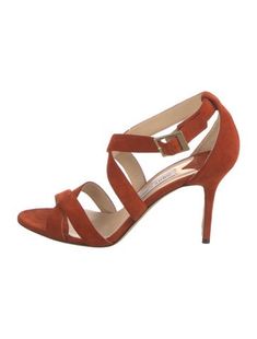 Jimmy Choo Suede SandalsOrangeLeather TrimMultistrap & Buckle Closure at SidesFit: This style typically runs a full size small. Formal Orange Sandals With Heel Loop, Elegant Orange Open Toe Sandals, Orange High Heel Sandals With Buckle Closure, Chic Orange Sandals With Buckle Closure, Orange Leather Heels With Buckle Closure, Formal Orange Ankle Strap Sandals, Orange Strappy Sandals With Heel Strap, Formal Orange Open Toe Sandals, Orange Leather Sandals With Buckle Closure