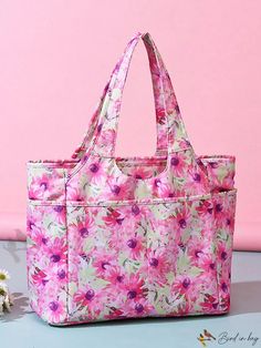 Bird in Bag - Pink Floral Patterned Printed Shoulder Bag, Durable Multi-Pocketed Crossbody Purse Fashion Tote Top Handle Satchel, Spring Canvas Shoulder Bag With Pockets, Spring Shoulder Bag With Pockets For Daily Use, Spring School Bags With Pockets, Spring Tote Shoulder Bag With Pockets, Summer Pouch Shoulder Bag With Pockets, Spring Bags With Pockets For Daily Use, Spring Bags For Daily Use With Pockets, Pink Pouch Shoulder Bag With Pockets, Pink Shoulder Bag With Pockets For Summer