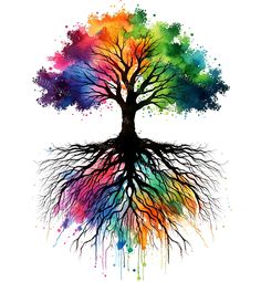 a tree with colorful roots and watercolor splashes