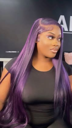 Purple Wigs On Dark Skin, Purple Hair Color Black Women, Lace Front Straight Wig Styles, Purple Lace Front Wigs Black Women, Colored Frontal Wigs Dark Skin, Black And Purple Hair Black Women, Unique Wig Colors, Dark Purple Wig Black Women, Colored Wig Styles