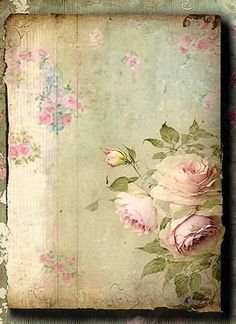 an old fashioned photo with roses on it's side and a faded paper background